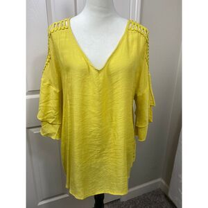 Unique Spectrum Women's Yellow Tiered Bell Sleeve Lattice Shoulder Tunic Size 1X